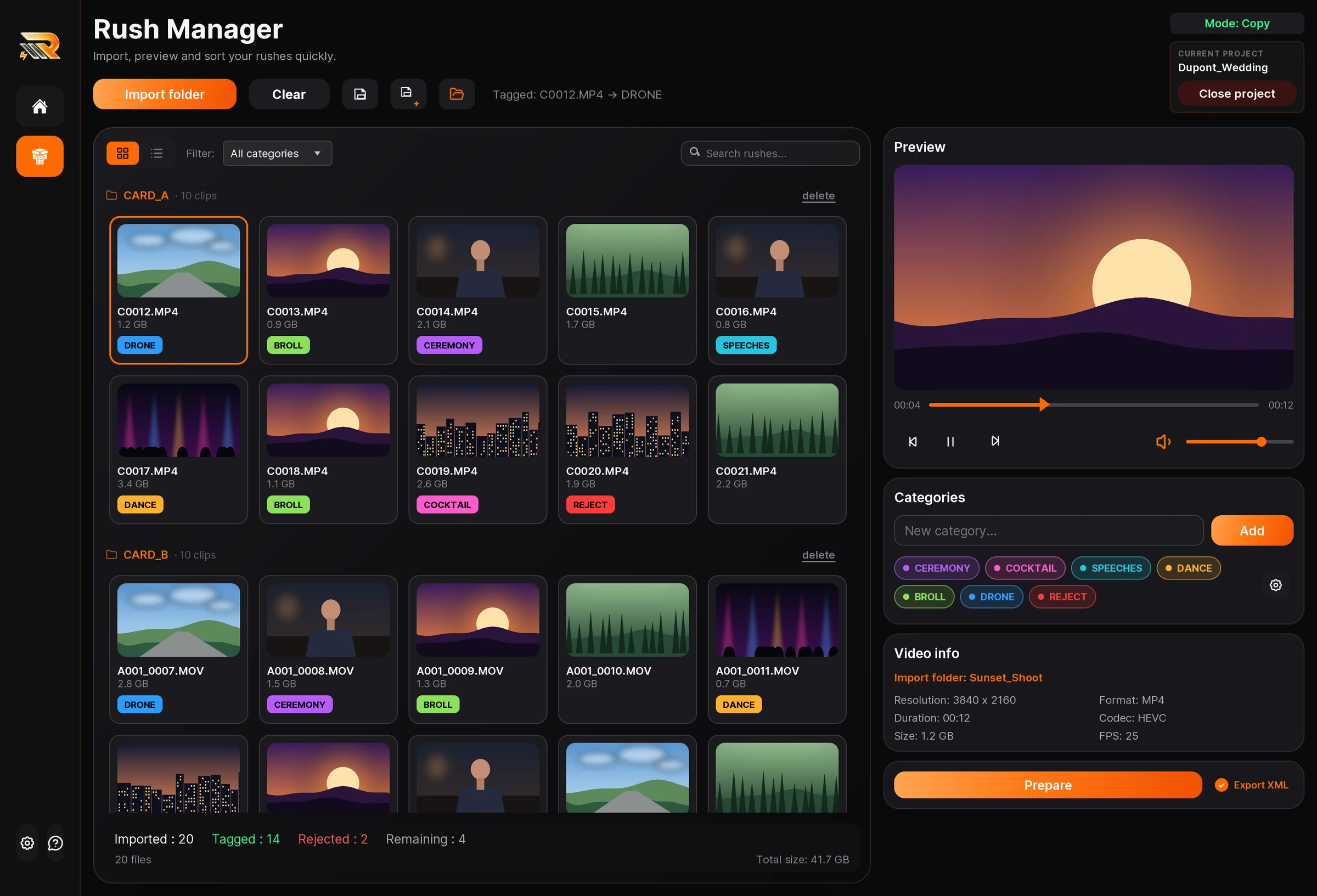 Interface de Rushr : grille de rushes taggés par catégorie, lecteur de prévisualisation et bouton Prepare