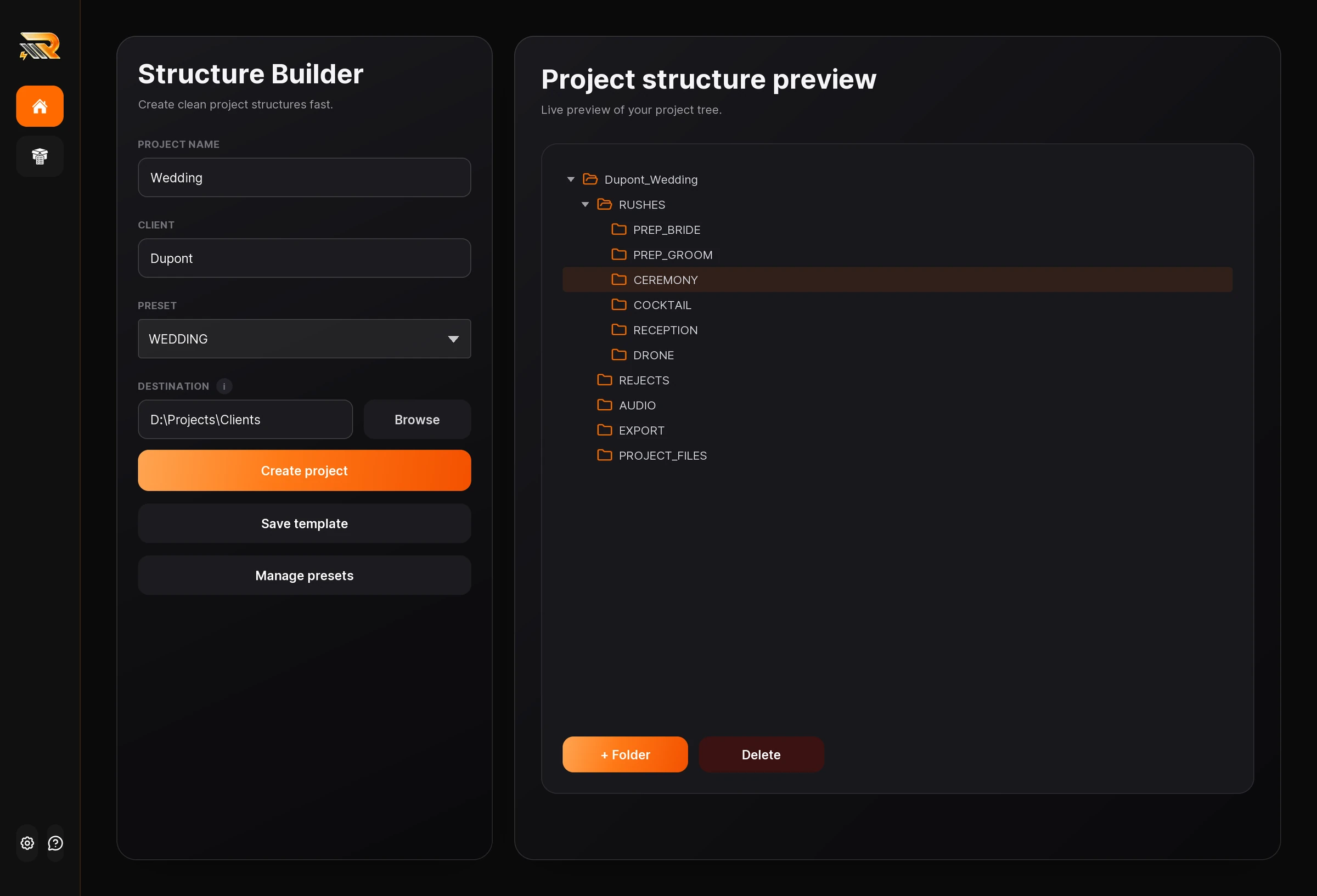 Rushr Structure Builder : preset Wedding et aperçu de l'arborescence du projet